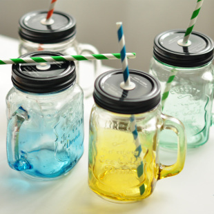 创意渐变彩色梅森玻璃瓶夏日果汁饮料透明带盖有吸管公鸡把子水杯