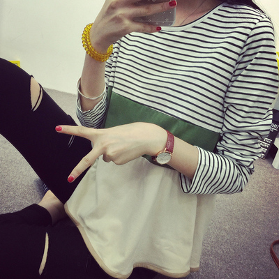 韩版女装2015秋季新款拼接条纹女T恤撞色宽松上衣时尚体恤
