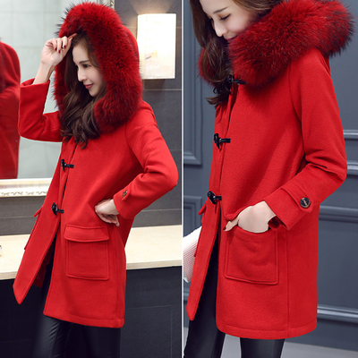 2015冬装新款韩版女装狐狸毛领呢大衣修身加厚中长款羊毛呢外套女