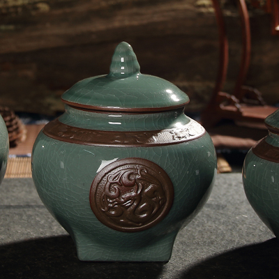 哥窑陶瓷罐 龙纹罐 浮雕 大中小号储藏 铁观音茶叶罐 密封罐