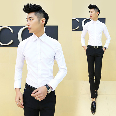 秋季男士纯棉修身长袖衬衫男发型师韩版商务休闲衬衣纯色白衬衫潮