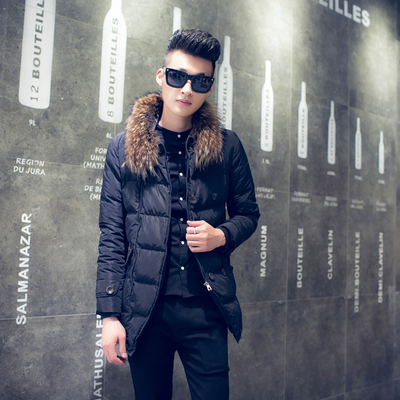 2015冬新款韩版大毛领修身棉衣男版个性斜拉链中长款加厚羽绒棉服