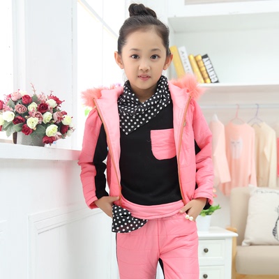 2015年冬季新款女童中大童女童韩版三件套套装女孩冬款棉衣棉服