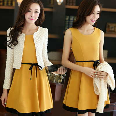 2015秋季新款韩版时尚大码修身女装长袖显瘦两件套装背心裙连衣裙