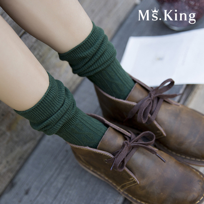 Ms．King日系堆堆袜女棉秋冬季暗菱形中筒女袜加厚学生韩国棉袜