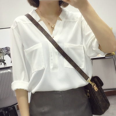 小C家 韩版宽松V领双口袋雪纺衬衫女气质显瘦白衬衣 6487