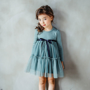 韩版童装秋装新款女童超甜美高腰拼接网纱蓬蓬裙公主裙儿童连衣裙
