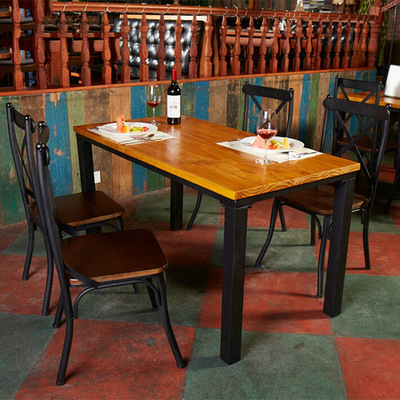 厂家直销美式乡村铁艺实木餐厅桌子 复古松木快餐桌椅家具可制定