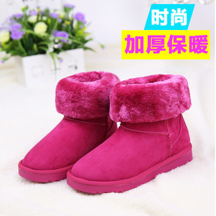 冬季加绒雪地靴纯色中学生女靴中筒绒面雪地棉鞋平跟加厚保暖棉靴