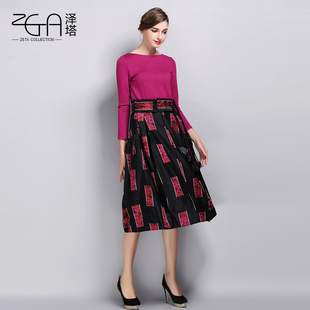 ZETA2015秋季连衣裙新品印花长袖假两件套中长款显瘦收腰时尚长裙