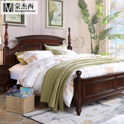 蒙杰西 美式乡村家具 实木双人床 1.8米黑胡桃深褐色实木床美式床