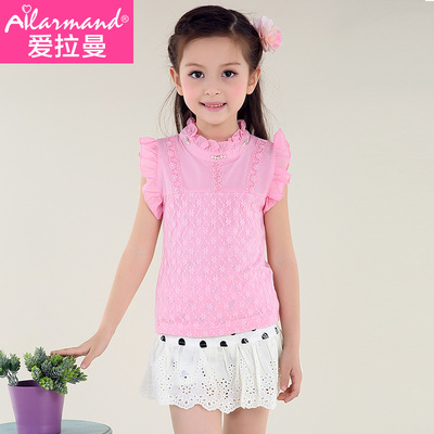 爱拉曼童装2015夏装新款女童蕾丝短袖T恤韩版圆领儿童短袖上衣