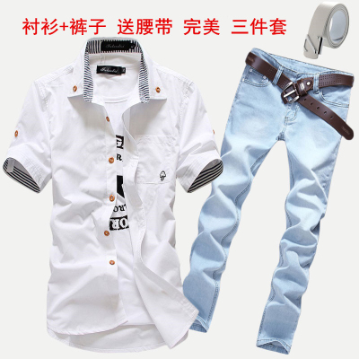 2015夏季新款纯色休闲衬衣 男装韩版修身短袖衬衫配牛仔长裤套装