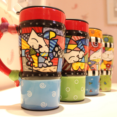 仟度 彩绘马克杯 个性创意大容量情侣陶瓷水杯子 带盖带勺咖啡杯