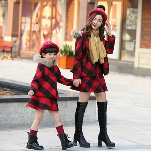 亲子装秋冬装母女裙套装韩版毛呢格子两件套女童呢子外套时尚装