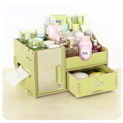【清仓】送镜子木质化妆品收纳盒纸巾盒 抽屉式储物整理盒 DIY
