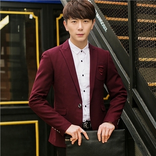 2016春季男士酒红色休闲小西装外套韩版修身印花单西伴郎礼服西服
