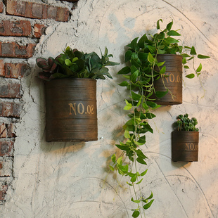 复古田园家居水泥花盆壁饰仿真植物墙面软装饰品挂件创意酒吧墙饰