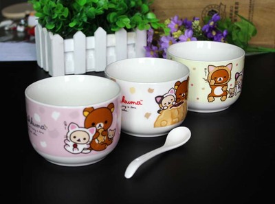 松驰熊卡通儿童专用陶瓷米饭碗 日式可爱轻松熊可配勺子小面汤碗