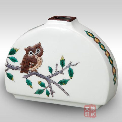 日本九谷烧/焼陶瓷器 一轮生花瓶 猫头鹰 花道花器摆件室内装饰品