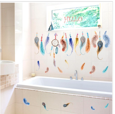 浴室时尚手绘彩色羽毛墙贴个性创意卧室玄关瓷砖玻璃墙贴可移除