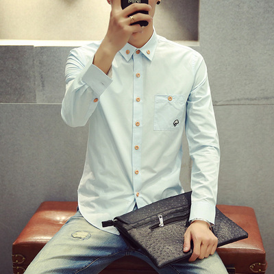 衬衫男长袖时尚修身韩版学生纯色青年春款休闲潮流男装打底衫衬衣
