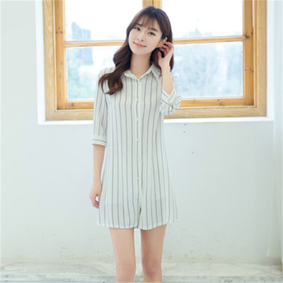 2015夏季韩版简约竖条条纹皮带衬衫短裙收腰显瘦中袖衬衣OL连衣裙
