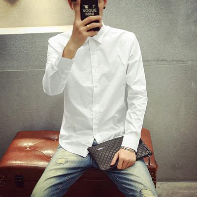 男装2015秋季男士休闲长袖衬衫男韩版修身型寸衫商务纯色白衬衣潮
