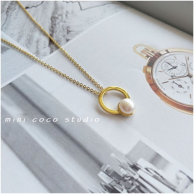 COCO - 纯银S925手作珍珠指环项链天然贝珠香槟金色女气质锁骨链