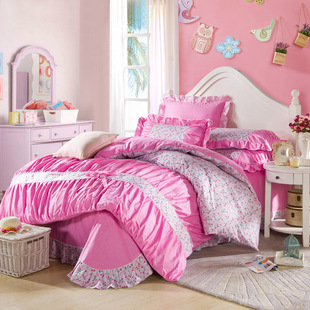韩版纯色简约公主床花边单式床上四件套1.5M床斜纹纯棉素色四件套