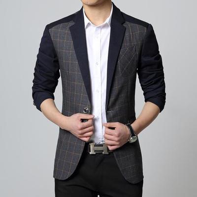 2015春秋季男士英伦小西装青年外套修身型格子拼接款韩版休闲西服