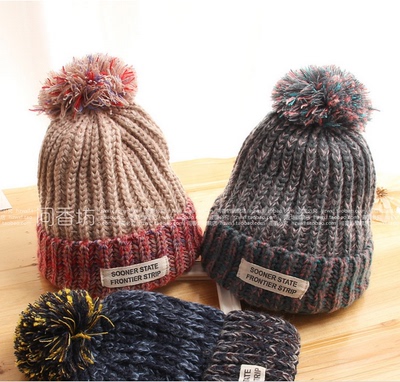 韩国秋冬季时尚贴布混色球球毛线帽子潮女韩版加厚保暖针织帽冬天