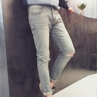 2016春季男士牛仔裤韩版修身缉明线弹力小脚裤青少年直筒长裤子