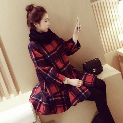 2015冬季韩国代购加厚孕妇外套 大格子毛呢连衣裙 荷叶下摆蓬蓬裙