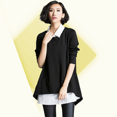胖妹妹韩版女装显瘦长袖衬衫T恤两件套  胖mm秋装2015大码上衣
