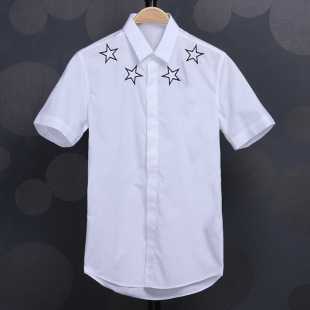 欧美潮款夏季新款领口五角星高精度刺绣纯色纯棉短袖男士衬衫