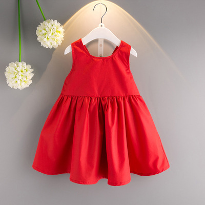 女孩洋气礼服裙装夏季女宝大红色背心吊带裙儿童蝴蝶结高腰连衣裙