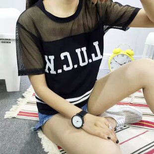 2015夏季新款韩版字母刺绣网纱拼接棉T恤短款宽松显瘦上衣女装