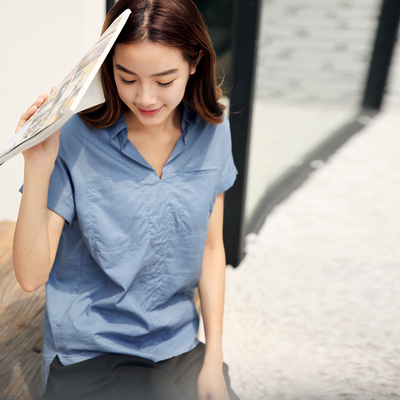YIGO2016夏季新款韩版前短后长纯色棉质柔软百搭舒适女衬衫V领
