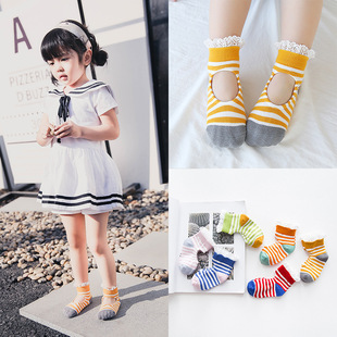 韩版春夏季儿童新款横条彩色蕾丝花边宝宝袜子学生舞蹈短袜船袜