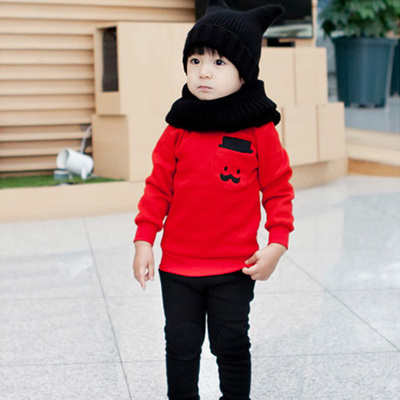童装男童秋装新款韩版休闲长袖上衣儿童秋款笑脸口袋大红色T恤