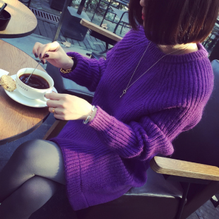 2015秋冬新款韩版气质宽松加厚中长款毛衣女 圆领套头纯色针织衫