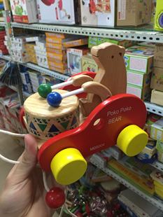 热卖出口拉线动物玩具车 榉木小熊打鼓拖拉学步 拖拉儿童节礼物