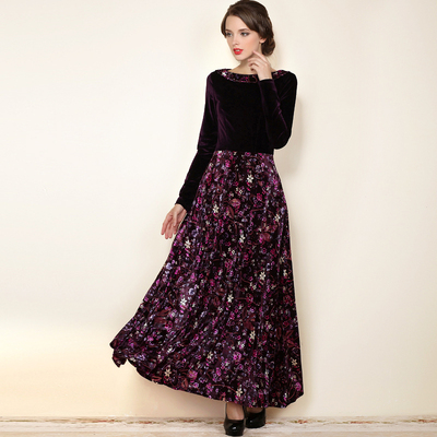 2015秋季新款长裙 韩版宫廷女装 紫黑花色拼接金丝绒加长款连衣裙