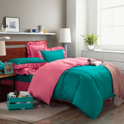 全棉纯色床裙四件套 纯棉床上用品素色被套床单简约2.0米1.8m包邮