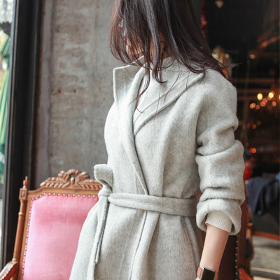 2015冬季新款预定双面羊绒修身显瘦系带长款大衣