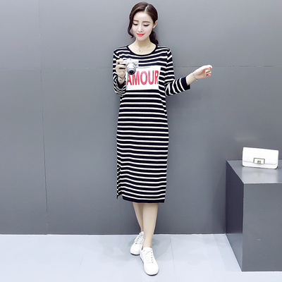 2016秋装新款女装韩版修身显瘦时尚甜美条纹长袖毛衣连衣裙长裙子