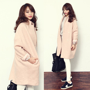 2015秋冬新款韩版高端羊绒呢子大衣女加厚中长款羊毛呢外套藕粉色
