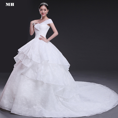 夏新款韩式婚纱礼服新娘修身简约绑带一字肩结婚蕾丝拖尾婚纱