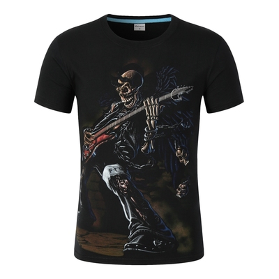 男士夏季3D棉短袖T恤宽松大码吉他骷颅潮摇滚金属潮个性男装半袖
